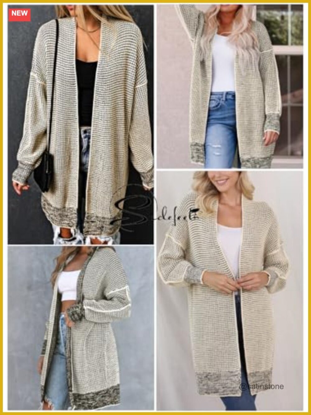Oversized Checkered Chunky Knit Cardigan Long Sleeve Open Front Coat - Picture 5 of 7